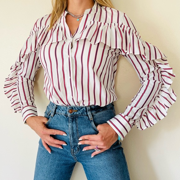Anthropologie Belle Vere ruffle button down striped shirt top long sleeve - Picture 4 of 8